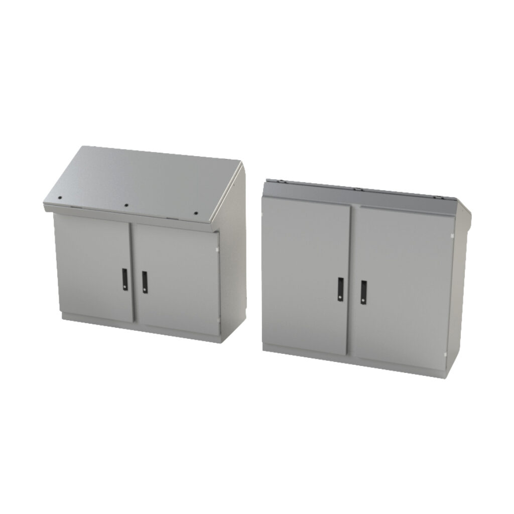 SCE-464919DCC - Saginaw desk console, NEMA 3R/4/12/13, 46 x 49 x 19in (HxWxD), freestanding, dual access, carbon steel, ANSI 61 gray, powder coat finish, 2-door, 3-point keylocking flush swing handle.