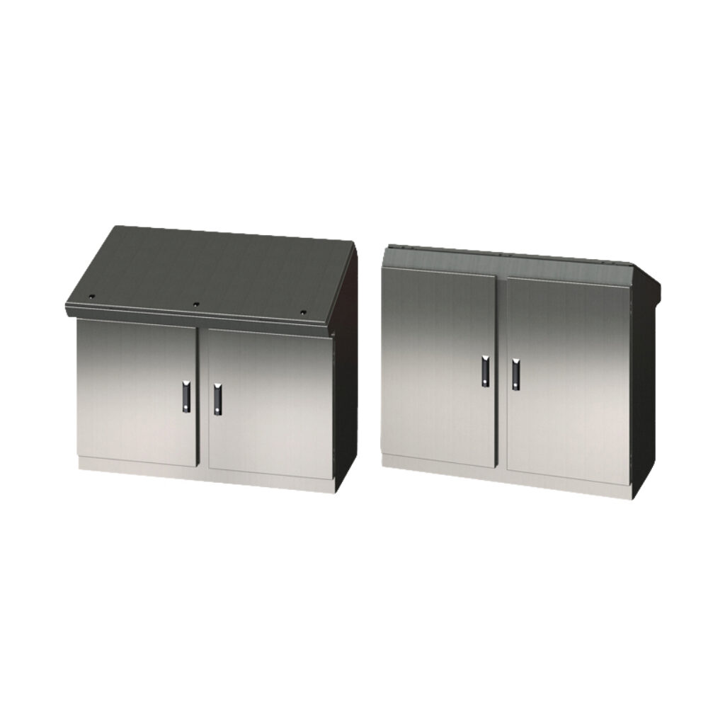 SCE-464919DCCSS - Saginaw desk console, NEMA 3R/12/13, 46 x 49 x 19in (HxWxD), freestanding, dual access, 304 stainless steel, #4 brush finish, 2-door, 3-point keylocking flush swing handle.