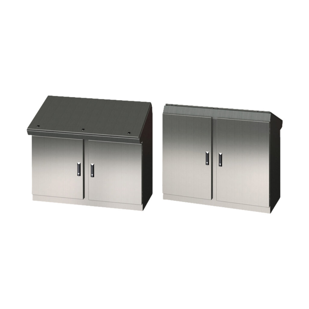 SCE-464919DCCSS6 - Saginaw desk console, NEMA 3R/12/13, 46 x 49 x 19in (HxWxD), freestanding, dual access, 316L stainless steel, #4 brush finish, 2-door, 3-point keylocking flush swing handle.