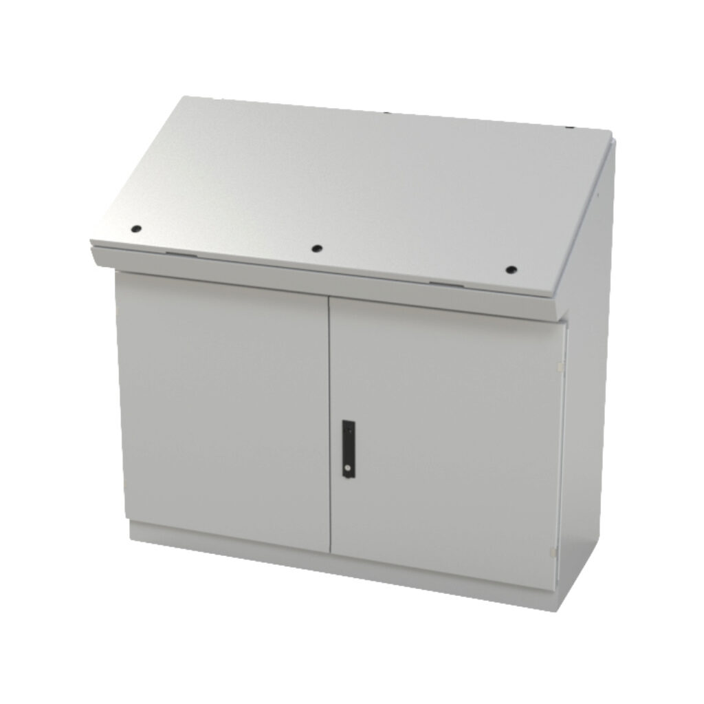 SCE-464919SDC - Saginaw desk console, NEMA 3R/12/13, 46 x 49 x 19in (HxWxD), freestanding, carbon steel, ANSI 61 gray, powder coat finish, double-door, 3-point keylocking flush swing handle.