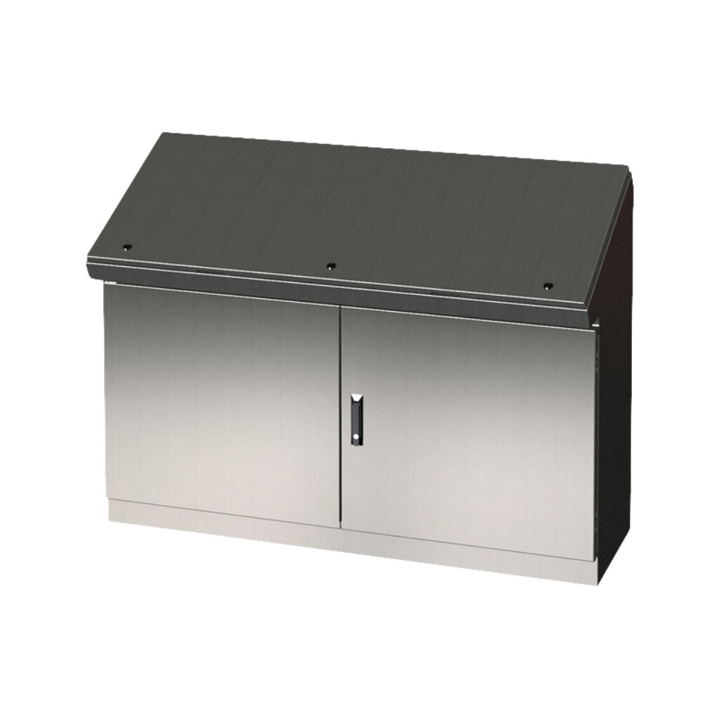 SCE-464919SDCSS - Saginaw desk console, NEMA 3R/12/13, 46 x 49 x 19in (HxWxD), freestanding, 304 stainless steel, #4 brush finish, double-door, 3-point keylocking flush swing handle.