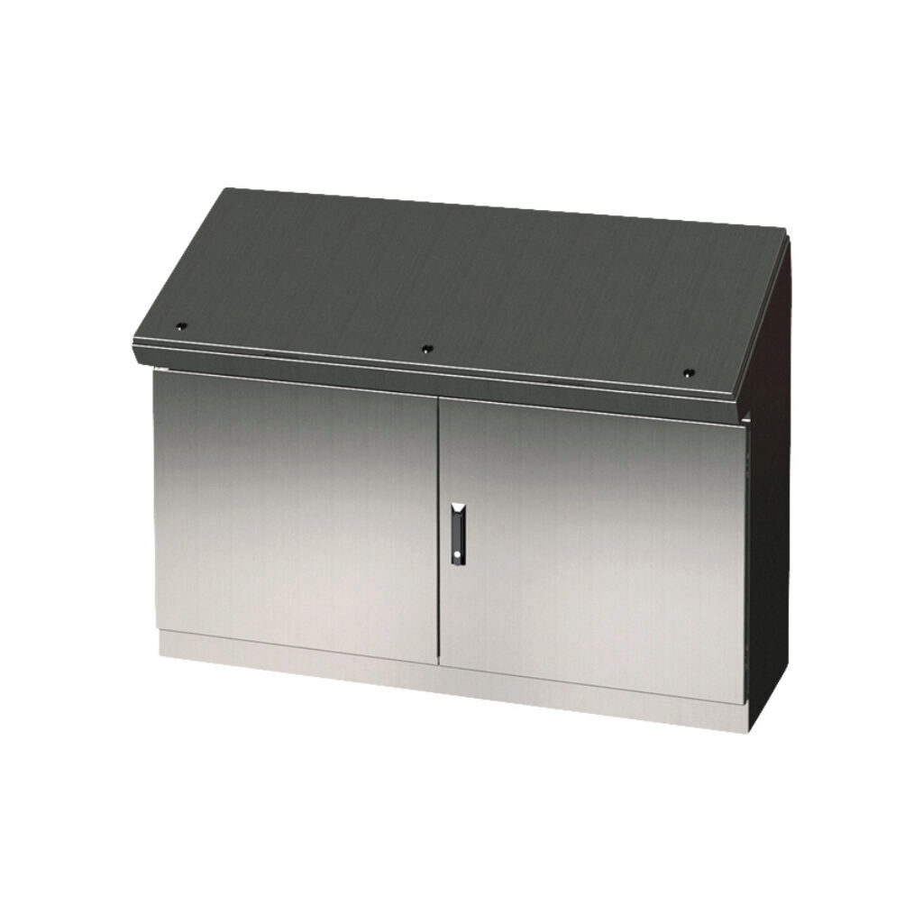 SCE-464919SDCSS6 - Saginaw desk console, NEMA 3R/12/13, 46 x 49 x 19in (HxWxD), freestanding, 316L stainless steel, #4 brush finish, double-door, 3-point keylocking flush swing handle.