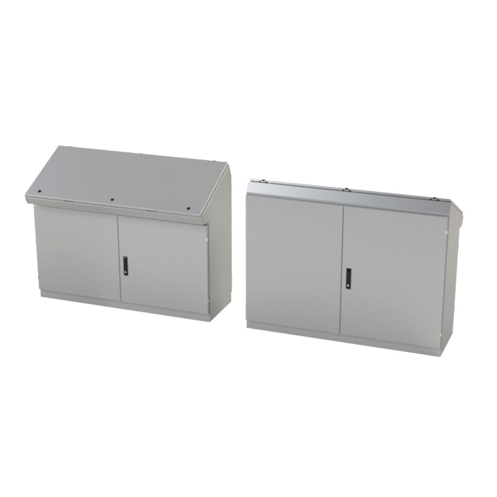 SCE-466019DC - Saginaw desk console, NEMA 3R/12/13, 46 x 60 x 19in (HxWxD), freestanding, dual access, carbon steel, ANSI 61 gray, powder coat finish, double-door, 3-point keylocking flush swing handle.