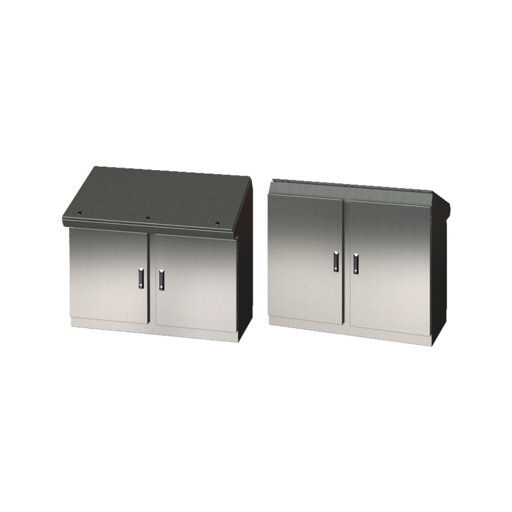 SCE-466019DCCSS - Saginaw desk console, NEMA 3R/12/13, 46 x 60 x 19in (HxWxD), freestanding, dual access, 304 stainless steel, #4 brush finish, 2-door, 3-point keylocking flush swing handle.