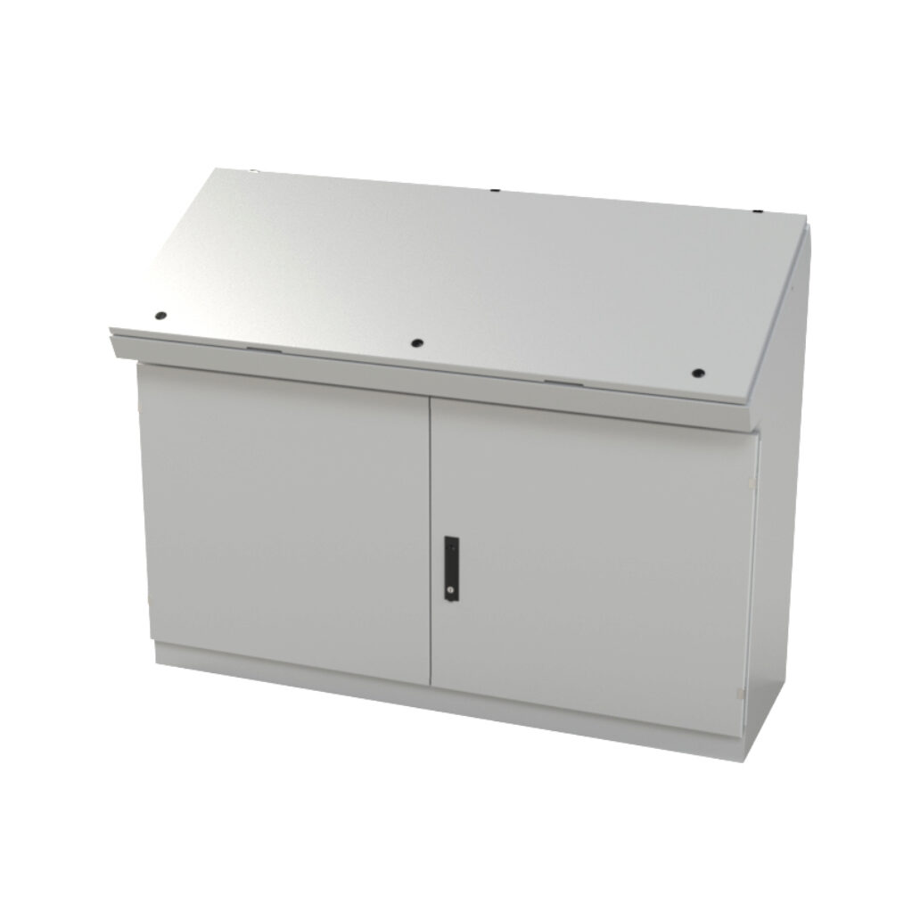 SCE-466019SDC - Saginaw desk console, NEMA 3R/12/13, 46 x 60 x 19in (HxWxD), freestanding, carbon steel, ANSI 61 gray, powder coat finish, double-door, 3-point keylocking flush swing handle.