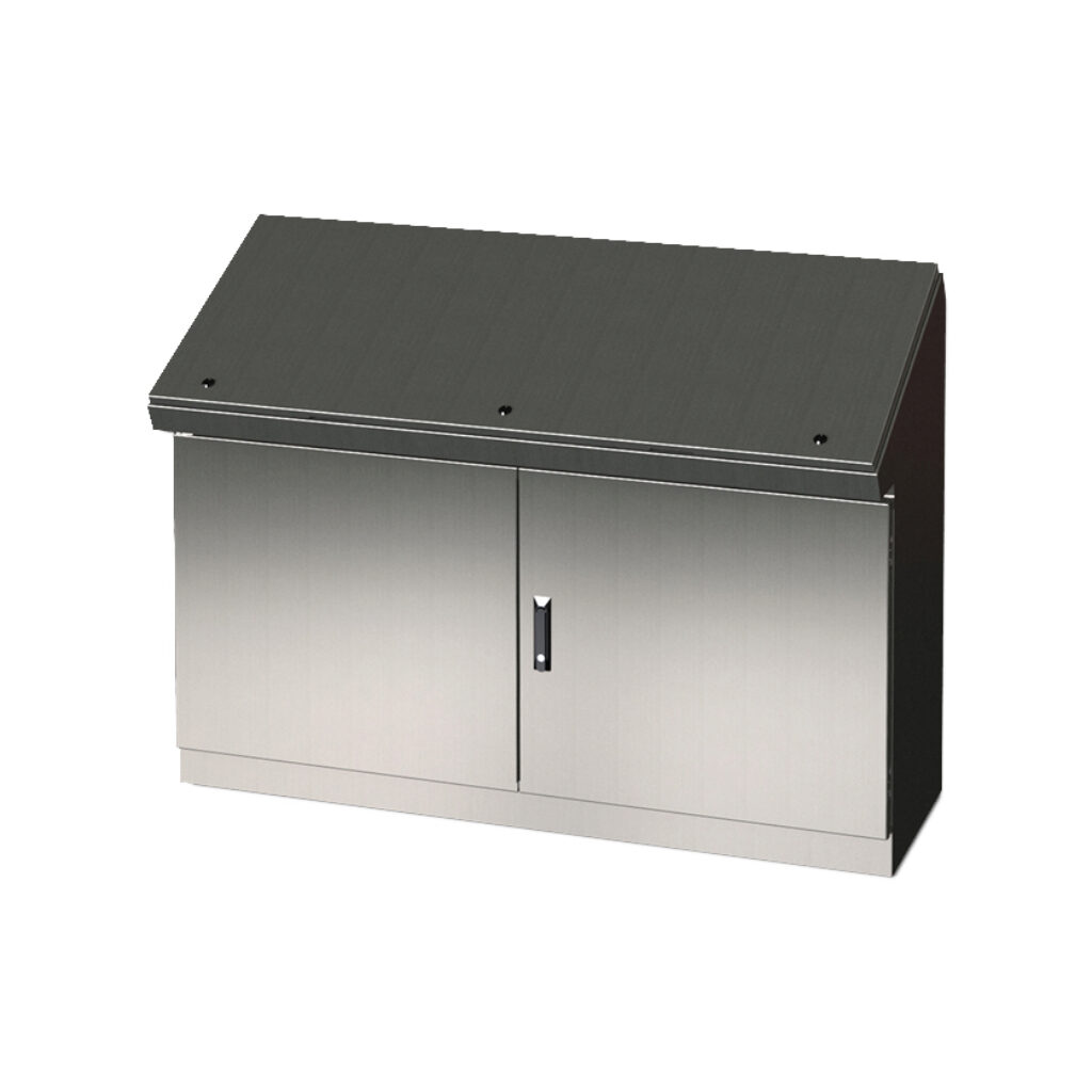 SCE-466019SDCSS6 - Saginaw desk console, NEMA 3R/12/13, 46 x 60 x 19in (HxWxD), freestanding, 316L stainless steel, #4 brush finish, double-door, 3-point keylocking flush swing handle.