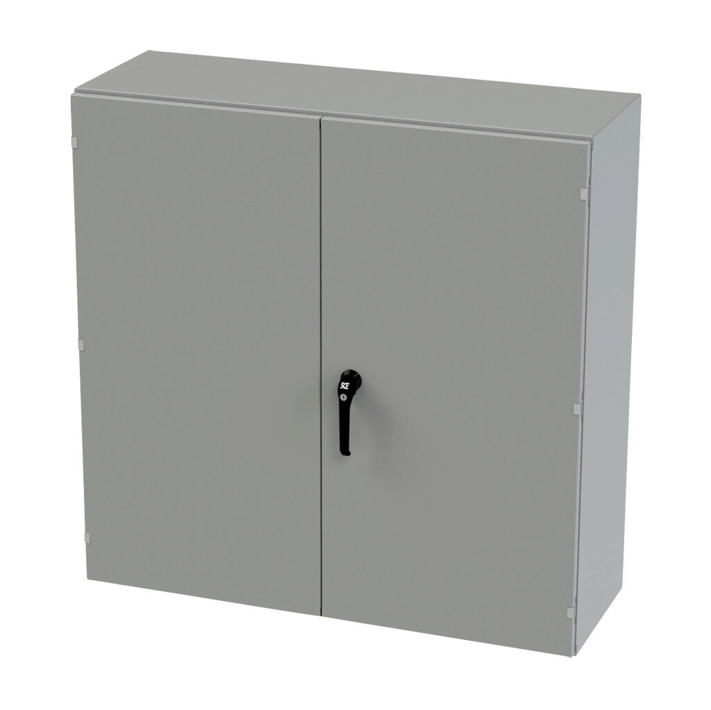 SCE-484816WFLP - Saginaw enclosure, NEMA 3R/12/13, 48 x 48 x 16in (HxWxD), wall mount, carbon steel, ANSI 61 gray, powder coat finish, double-door, 3-point keylocking/padlocking combo handle.