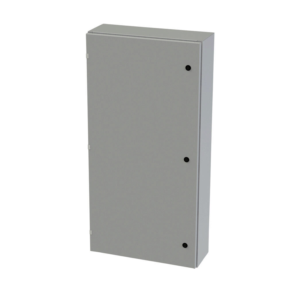 SCE-48EL2408LP - Saginaw Enviroline series enclosure, NEMA 3R/4/12/13, 48 x 24 x 8in (HxWxD), wall mount, carbon steel, ANSI 61 gray, powder coat finish, single-door, 1/4-turn semi-flush latch.