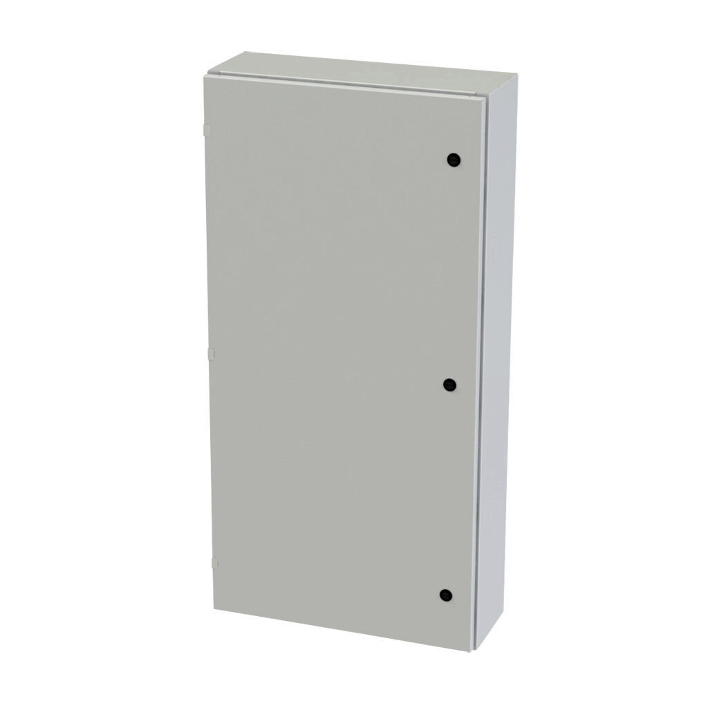 SCE-48EL2408LPLG - Saginaw Enviroline series enclosure, NEMA 3R/4/12/13, 48 x 24 x 8in (HxWxD), wall mount, carbon steel, RAL 7035 light gray, powder coat finish, single-door, 1/4-turn semi-flush latch.