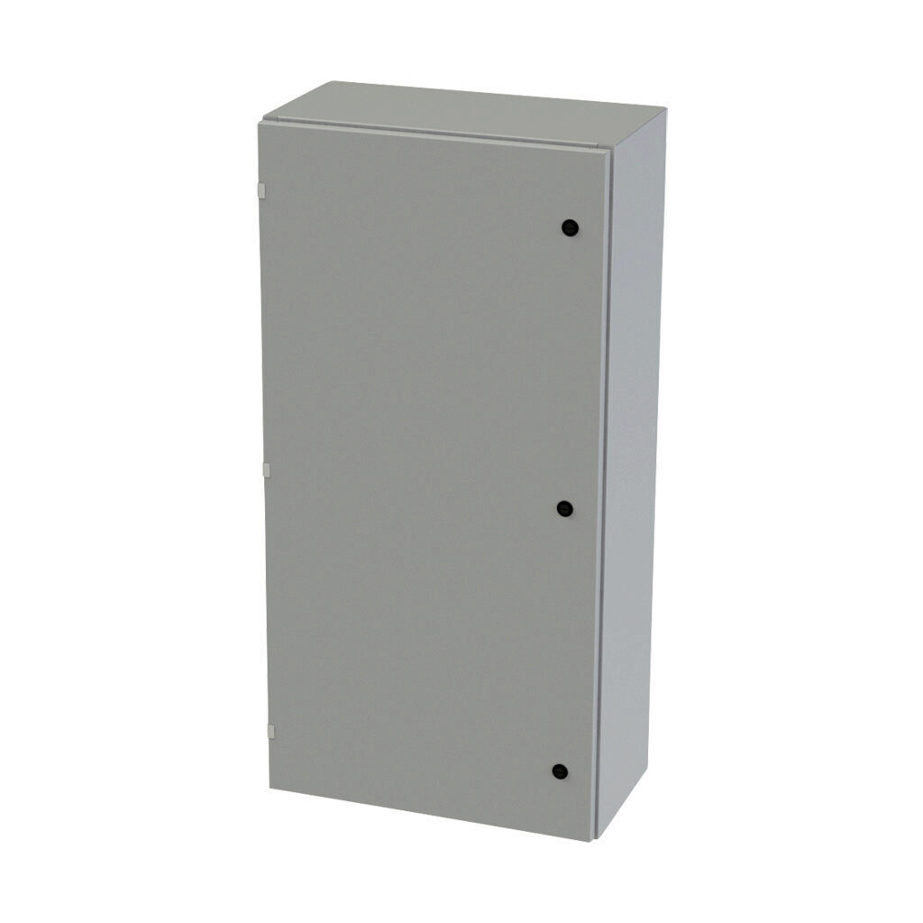 SCE-48EL2412LP - Saginaw Enviroline series enclosure, NEMA 3R/4/12/13, 48 x 24 x 12in (HxWxD), wall mount, carbon steel, ANSI 61 gray, powder coat finish, single-door, 1/4-turn semi-flush latch.