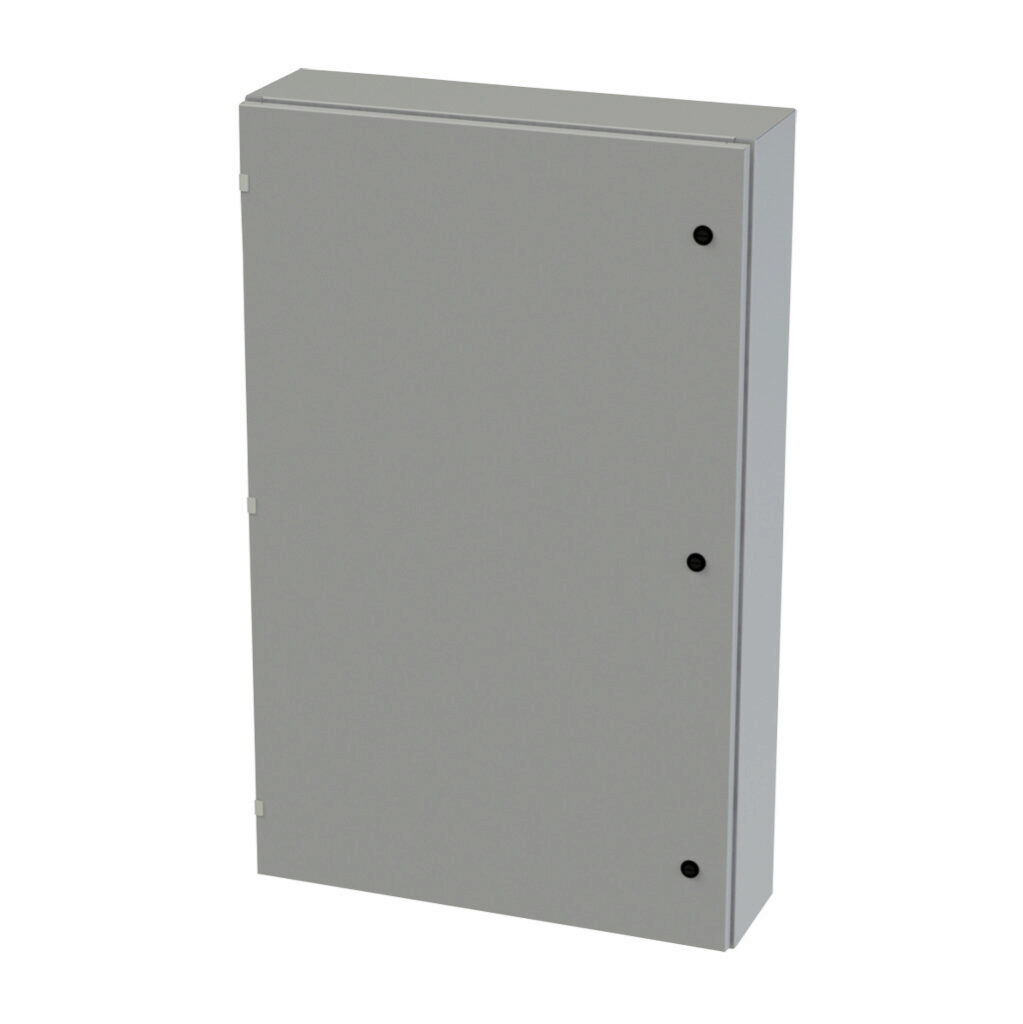 SCE-48EL3008LP - Saginaw Enviroline series enclosure, NEMA 3R/4/12/13, 48 x 30 x 8in (HxWxD), wall mount, carbon steel, ANSI 61 gray, powder coat finish, single-door, 1/4-turn semi-flush latch.