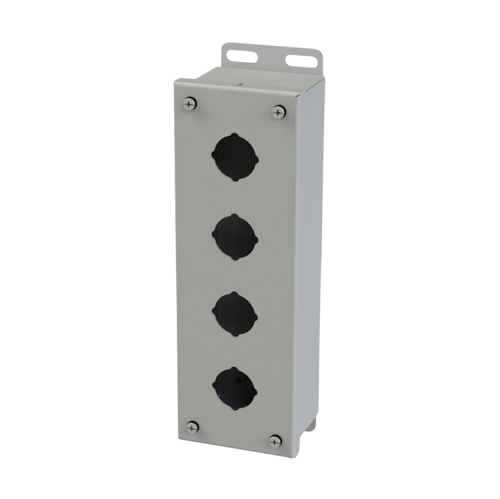 SCE-4PB - Saginaw pushbutton enclosure, 4 holes, 30mm, NEMA 4/12/13, 11 x 4 x 3in (HxWxD), wall mount, carbon steel, ANSI 61 gray, powder coat finish, screw cover.
