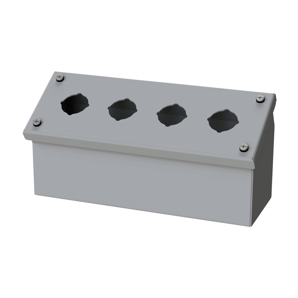 SCE-4PBA - Saginaw pushbutton consolet, 4 holes, 30mm, NEMA 4/12/13, 4 x 10 x 5in (HxWxD), wall mount, carbon steel, ANSI 61 gray, powder coat finish, screw cover.