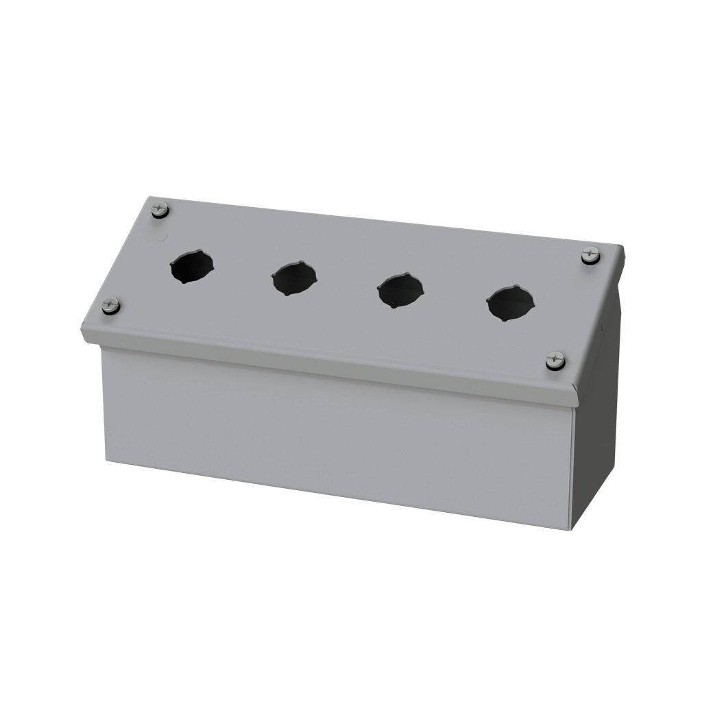 SCE-4PBAI - Saginaw pushbutton consolet, 4 holes, 22mm, NEMA 4/12/13, 4 x 10 x 5in (HxWxD), wall mount, carbon steel, ANSI 61 gray, powder coat finish, screw cover.