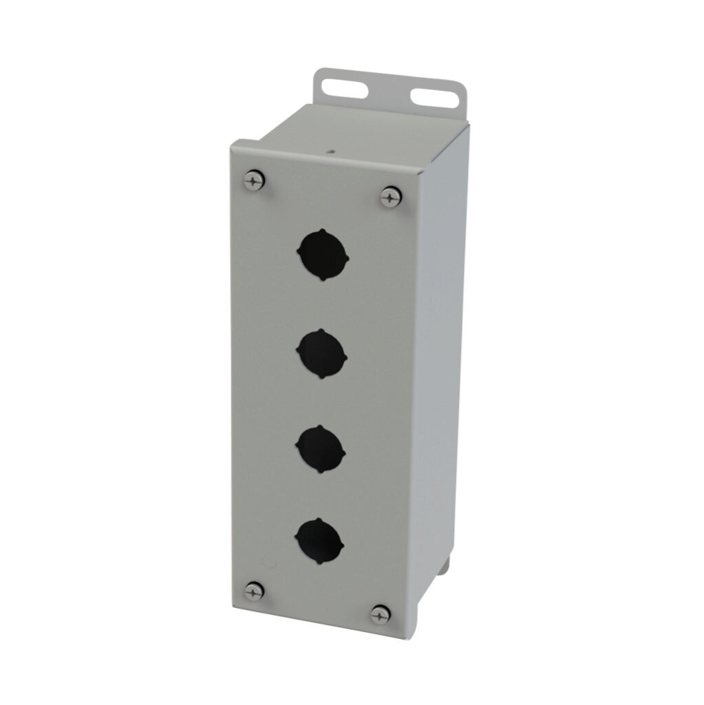 SCE-4PBGX - Saginaw pushbutton enclosure, 4 holes, 22mm, NEMA 4/12/13, 9 x 4 x 4in (HxWxD), wall mount, carbon steel, ANSI 61 gray, powder coat finish, screw cover.