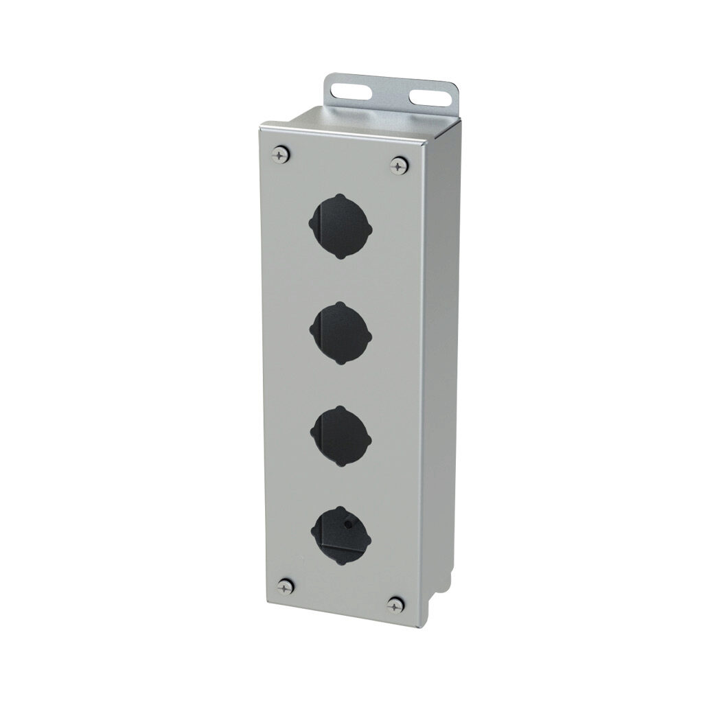 SCE-4PBSS - Saginaw pushbutton enclosure, 4 holes, 30mm, NEMA 4/4X/12/13, 11 x 4 x 3in (HxWxD), wall mount, 304 stainless steel, #4 brush finish, screw cover.