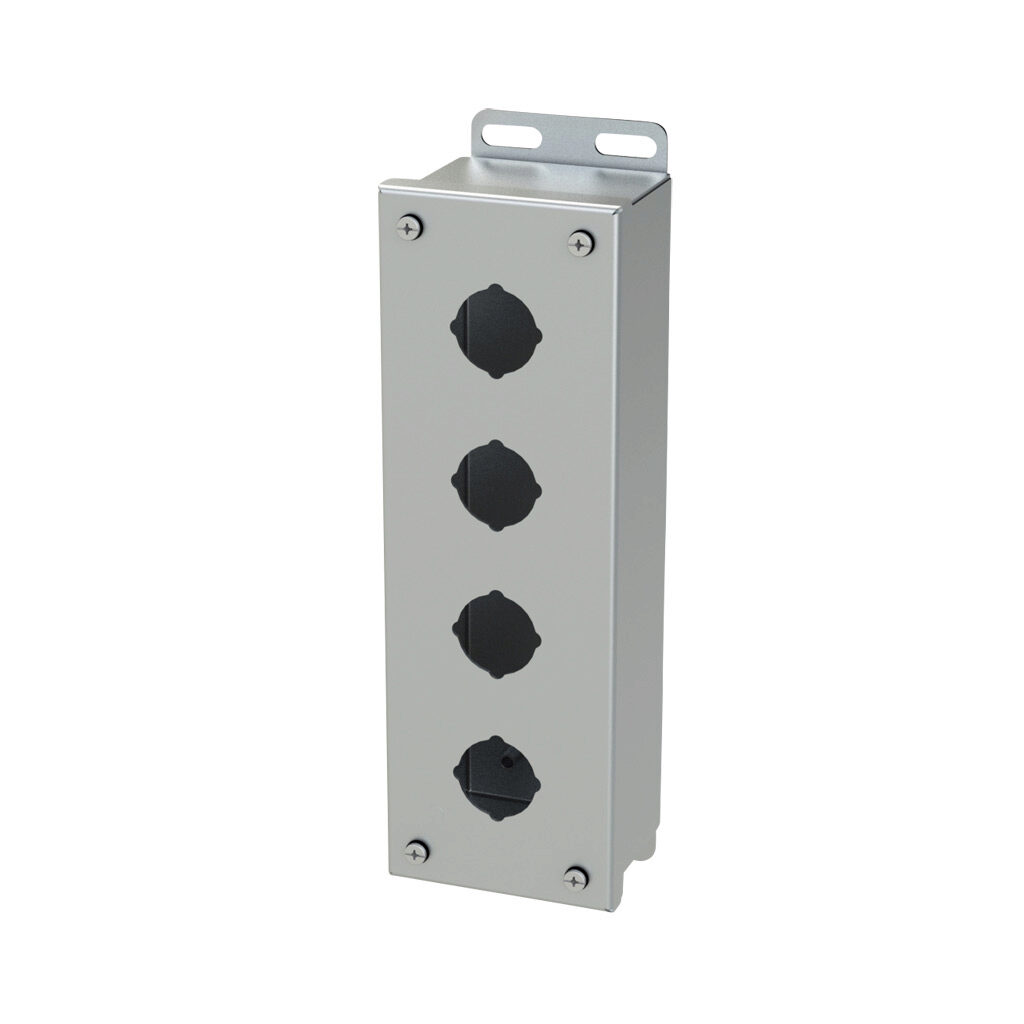 SCE-4PBSS6 - Saginaw pushbutton enclosure, 4 holes, 30mm, NEMA 4/4X/12/13, 11 x 4 x 3in (HxWxD), wall mount, 316L stainless steel, #4 brush finish, screw cover.