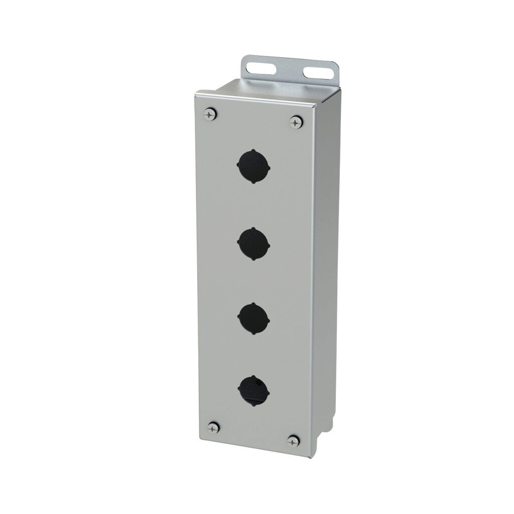 SCE-4PBSS6I - Saginaw pushbutton enclosure, 4 holes, 22mm, NEMA 4/4X/12/13, 11 x 4 x 3in (HxWxD), wall mount, 316L stainless steel, #4 brush finish, screw cover.