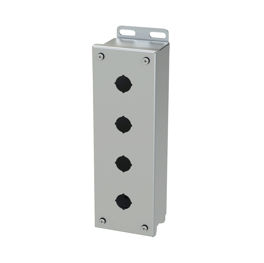 SCE-4PBSSI - Saginaw pushbutton enclosure, 4 holes, 22mm, NEMA 4/4X/12/13, 11 x 4 x 3in (HxWxD), wall mount, 304 stainless steel, #4 brush finish, screw cover.