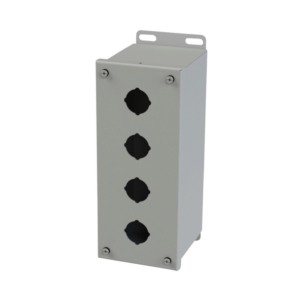SCE-4PBX - Saginaw pushbutton enclosure, 4 holes, 30mm, NEMA 4/12/13, 10 x 4 x 5in (HxWxD), wall mount, carbon steel, ANSI 61 gray, powder coat finish, screw cover.