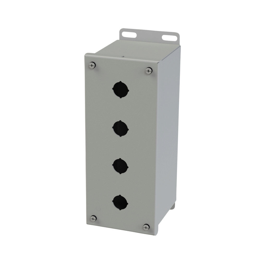 SCE-4PBXI - Saginaw pushbutton enclosure, 4 holes, 22mm, NEMA 4/12/13, 10 x 4 x 5in (HxWxD), wall mount, carbon steel, ANSI 61 gray, powder coat finish, screw cover.