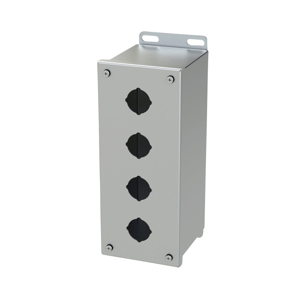 SCE-4PBXSS - Saginaw pushbutton enclosure, 4 holes, 30mm, NEMA 4/4X/12/13, 10 x 4 x 5in (HxWxD), wall mount, 304 stainless steel, #4 brush finish, screw cover.