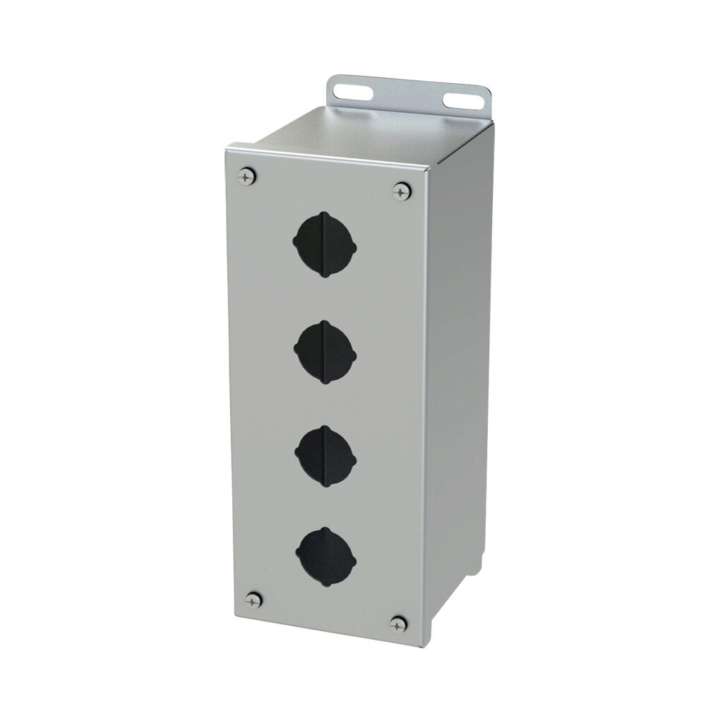 SCE-4PBXSS6 - Saginaw pushbutton enclosure, 4 holes, 30mm, NEMA 4/4X/12/13, 10 x 4 x 5in (HxWxD), wall mount, 316L stainless steel, #4 brush finish, screw cover.