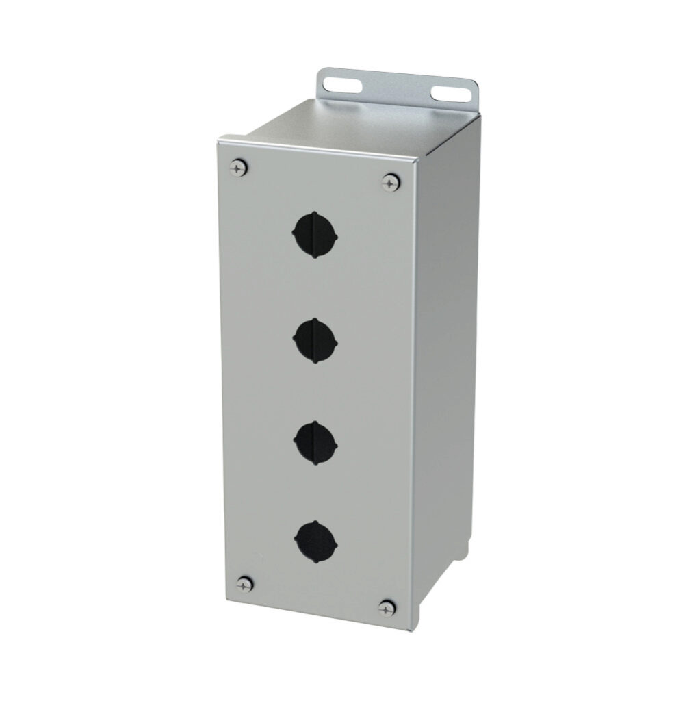 SCE-4PBXSS6I - Saginaw pushbutton enclosure, 4 holes, 22mm, NEMA 4/4X/12/13, 10 x 4 x 5in (HxWxD), wall mount, 316L stainless steel, #4 brush finish, screw cover.