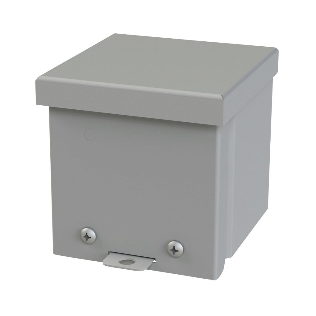 SCE-4R44 - Saginaw enclosure, NEMA 3R, 4 x 4 x 4in (HxWxD), wall mount, carbon steel, ANSI 61 gray, powder coat finish, screw cover, padlock hasp and staple.