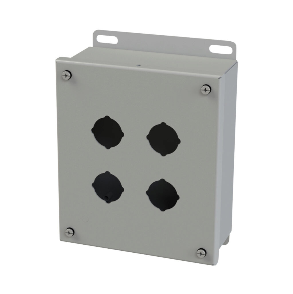 SCE-4SPB - Saginaw pushbutton enclosure, 4 holes, 30mm, NEMA 4/12/13, 8 x 7 x 3in (HxWxD), wall mount, carbon steel, ANSI 61 gray, powder coat finish, screw cover.
