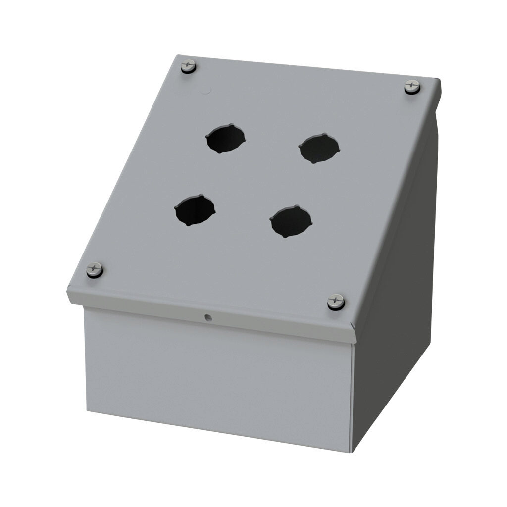 SCE-4SPBAI - Saginaw pushbutton consolet, 4 holes, 22mm, NEMA 4/12/13, 7 x 7 x 7in (HxWxD), wall mount, carbon steel, ANSI 61 gray, powder coat finish, screw cover.