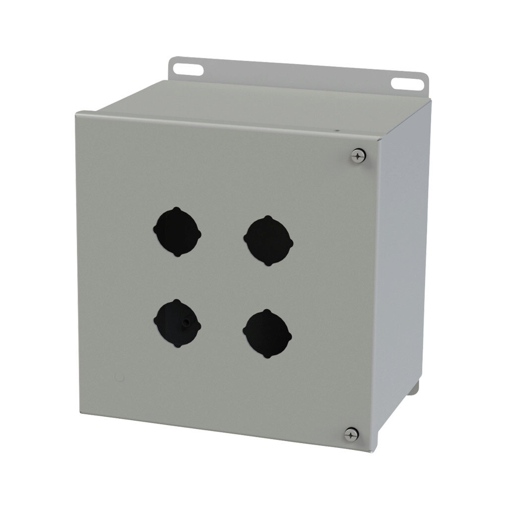 SCE-4SPBH - Saginaw pushbutton enclosure, 4 holes, 30mm, NEMA 4/12/13, 8 x 8 x 6in (HxWxD), wall mount, carbon steel, ANSI 61 gray, powder coat finish, hinged screw cover.