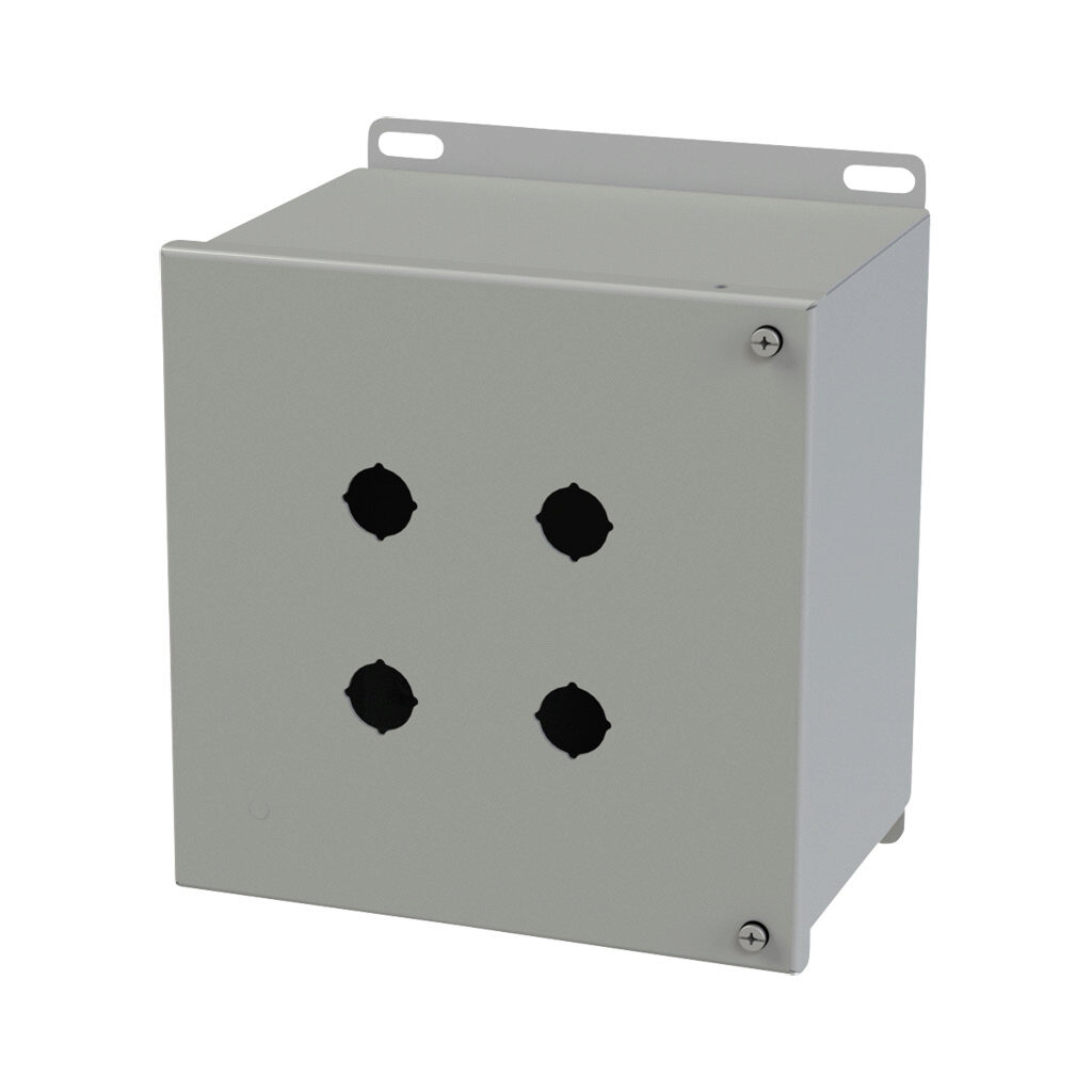 SCE-4SPBHI - Saginaw pushbutton enclosure, 4 holes, 22mm, NEMA 4/12/13, 8 x 8 x 6in (HxWxD), wall mount, carbon steel, ANSI 61 gray, powder coat finish, hinged screw cover.