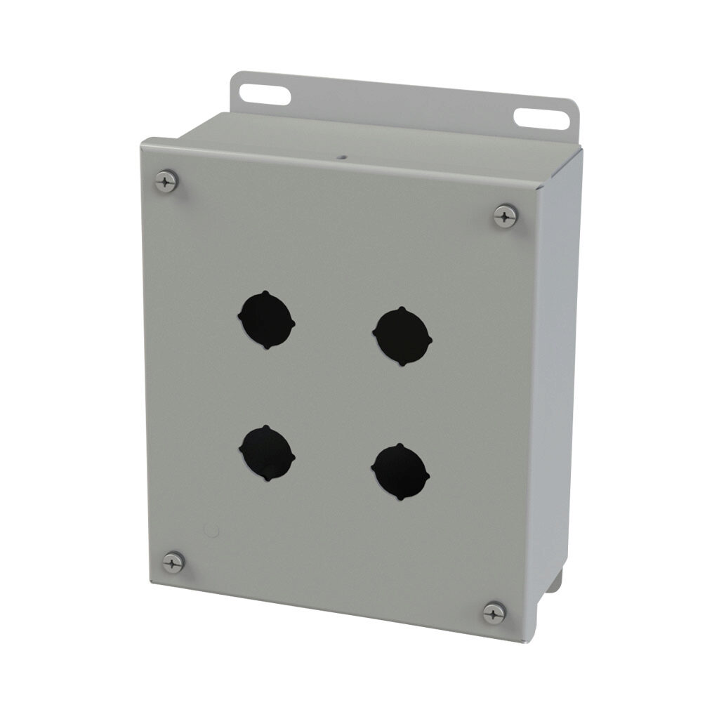 SCE-4SPBI - Saginaw pushbutton enclosure, 4 holes, 22mm, NEMA 4/12/13, 8 x 7 x 3in (HxWxD), wall mount, carbon steel, ANSI 61 gray, powder coat finish, screw cover.