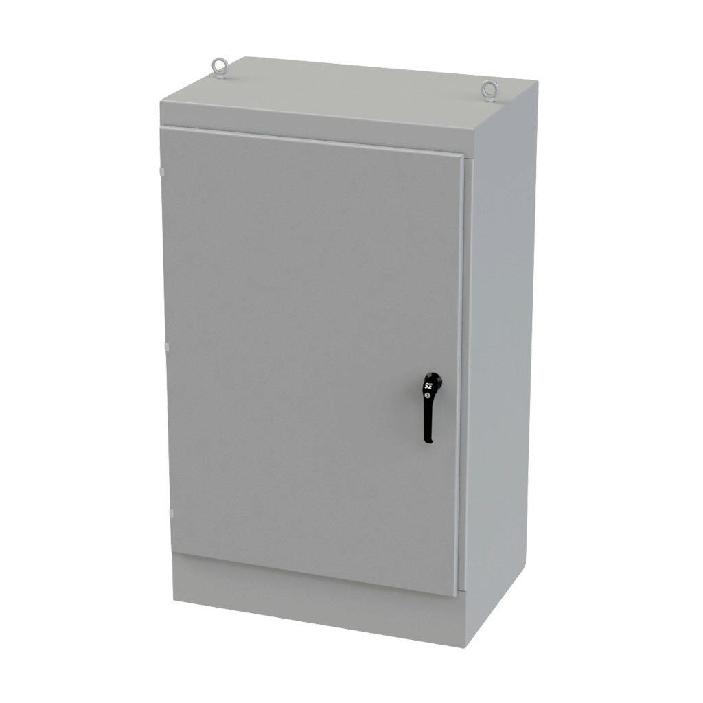 SCE-603624FS - Saginaw enclosure, NEMA 3R/12/13, 60 x 36 x 24in (HxWxD), freestanding, carbon steel, ANSI 61 gray, powder coat finish, single-door, 3-point keylocking/padlocking combo handle.
