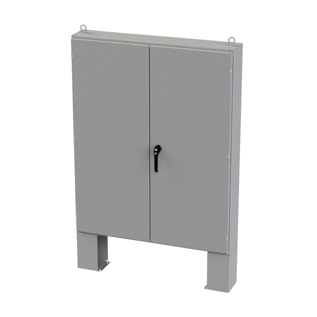 SCE-604808LP - Saginaw enclosure, NEMA 3R/12/13, 60 x 48 x 8in (HxWxD), floor mount, carbon steel, ANSI 61 gray, powder coat finish, double-door, 3-point keylocking/padlocking combo handle.