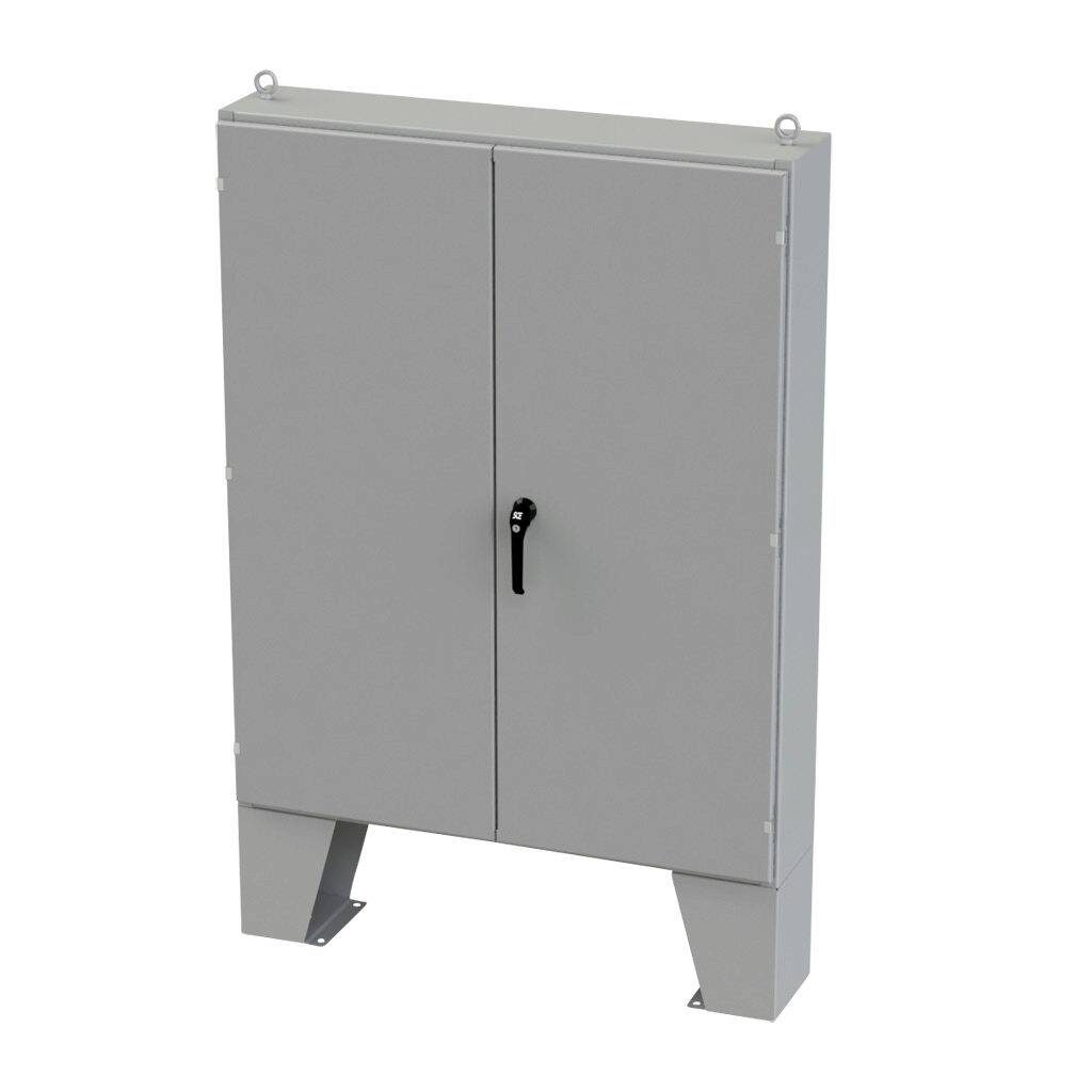 SCE-604810LP - Saginaw enclosure, NEMA 3R/12/13, 60 x 48 x 10in (HxWxD), floor mount, carbon steel, ANSI 61 gray, powder coat finish, double-door, 3-point keylocking/padlocking combo handle.