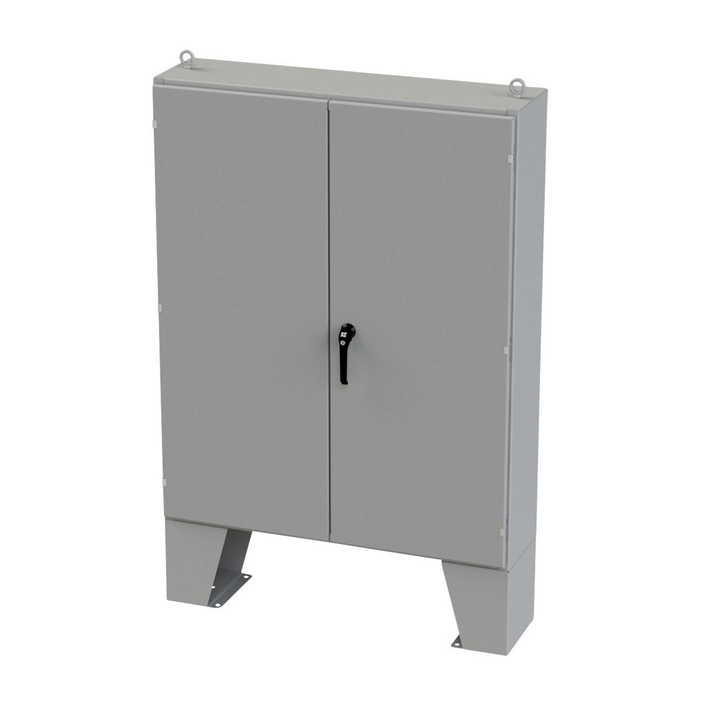 SCE-604812LP - Saginaw enclosure, NEMA 3R/12/13, 60 x 48 x 12in (HxWxD), floor mount, carbon steel, ANSI 61 gray, powder coat finish, double-door, 3-point keylocking/padlocking combo handle.