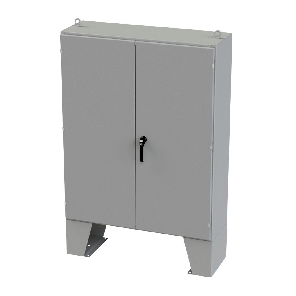 SCE-604816LP - Saginaw enclosure, NEMA 3R/12/13, 60 x 48 x 16in (HxWxD), floor mount, carbon steel, ANSI 61 gray, powder coat finish, double-door, 3-point keylocking/padlocking combo handle.