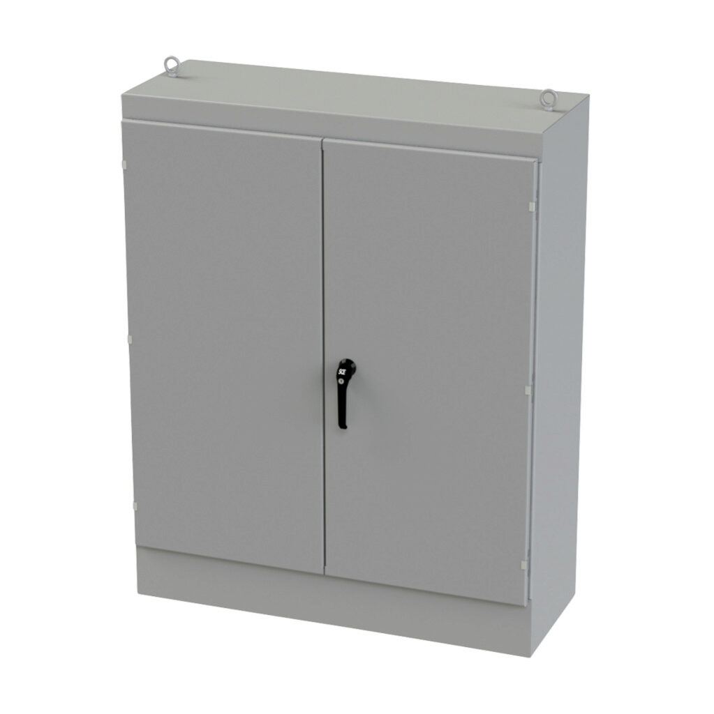 SCE-604818FSD - Saginaw enclosure, NEMA 3R/12/13, 60 x 48 x 18in (HxWxD), freestanding, carbon steel, ANSI 61 gray, powder coat finish, double-door, 3-point keylocking/padlocking combo handle.