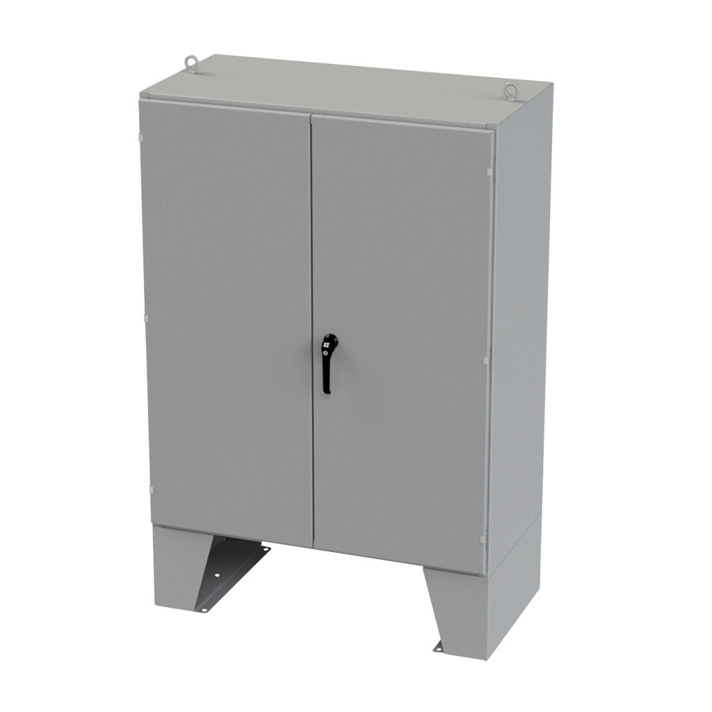 SCE-604824LP - Saginaw enclosure, NEMA 3R/12/13, 60 x 48 x 24in (HxWxD), floor mount, carbon steel, ANSI 61 gray, powder coat finish, double-door, 3-point keylocking/padlocking combo handle.
