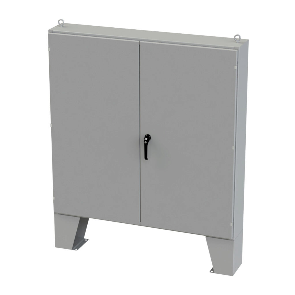 SCE-606010LP - Saginaw enclosure, NEMA 3R/12/13, 60 x 60 x 10in (HxWxD), floor mount, carbon steel, ANSI 61 gray, powder coat finish, double-door, 3-point keylocking/padlocking combo handle.