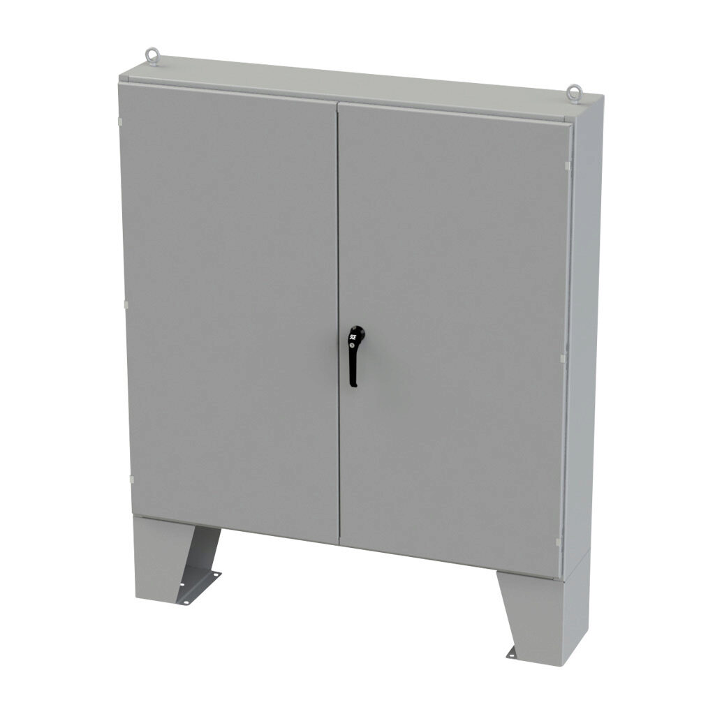SCE-606012LP - Saginaw enclosure, NEMA 3R/12/13, 60 x 60 x 12in (HxWxD), floor mount, carbon steel, ANSI 61 gray, powder coat finish, double-door, 3-point keylocking/padlocking combo handle.