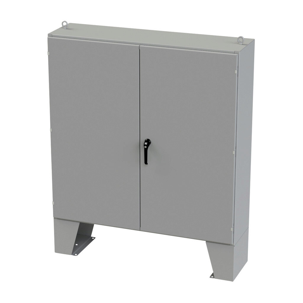 SCE-606016LP - Saginaw enclosure, NEMA 3R/12/13, 60 x 60 x 16in (HxWxD), floor mount, carbon steel, ANSI 61 gray, powder coat finish, double-door, 3-point keylocking/padlocking combo handle.