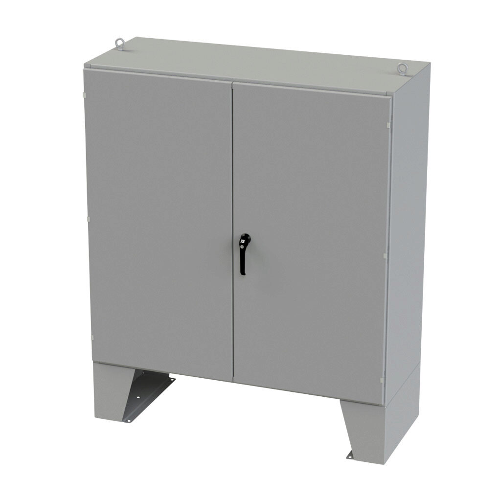 SCE-606024LP - Saginaw enclosure, NEMA 3R/12/13, 60 x 60 x 24in (HxWxD), floor mount, carbon steel, ANSI 61 gray, powder coat finish, double-door, 3-point keylocking/padlocking combo handle.