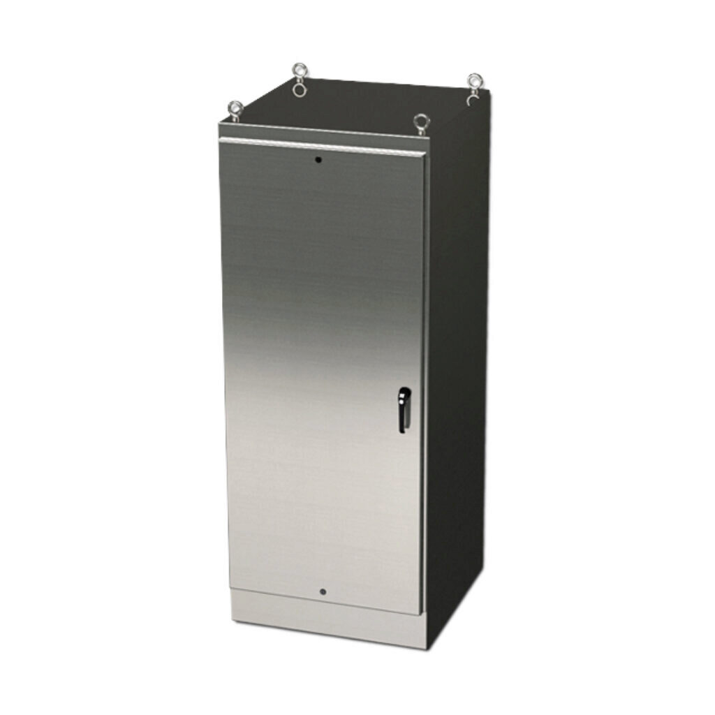 SCE-60EL3624SSFS - Saginaw Enviroline series enclosure, NEMA 3R/4/4X/12/13, 60 x 36 x 24in (HxWxD), freestanding, 304 stainless steel, #4 brush finish, single-door, 3-point keylocking/padlocking combo handle.