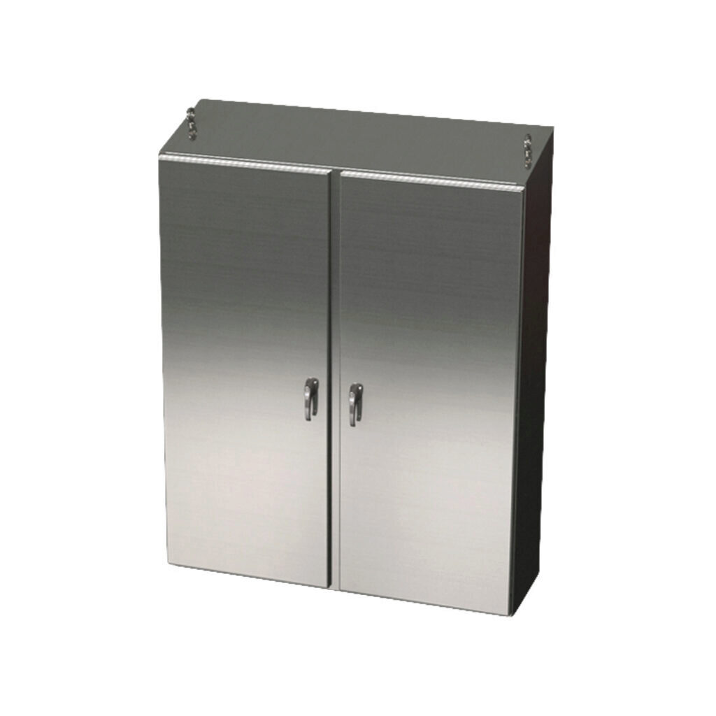 SCE-60EL4812SSST - Saginaw Enviroline series enclosure, slope top, NEMA 3R/4/4X/12/13, 60 x 48 x 12in (HxWxD), freestanding, 304 stainless steel, #4 brush finish, 2-door, 3-point 304 stainless steel padlocking handle.