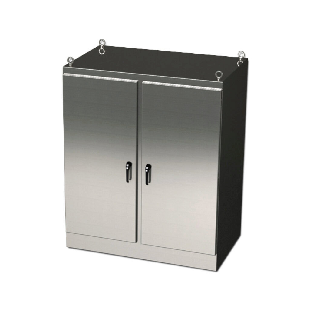 SCE-60EL4818SS6FSD - Saginaw Enviroline series enclosure, NEMA 3R/4/4X/12/13, 60 x 48 x 18in (HxWxD), freestanding, 316L stainless steel, #4 brush finish, 2-door, 3-point keylocking/padlocking combo handle.