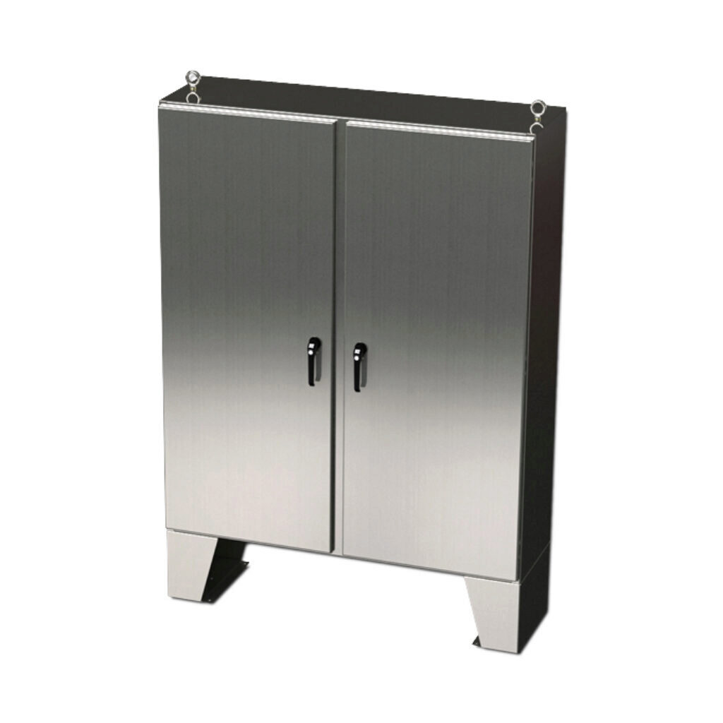 SCE-60EL4818SS6LPPL - Saginaw Enviroline series enclosure, NEMA 3R/4/4X/12/13, 60 x 48 x 18in (HxWxD), floor mount, 316L stainless steel, #4 brush finish, 2-door, 3-point keylocking/padlocking combo handle.