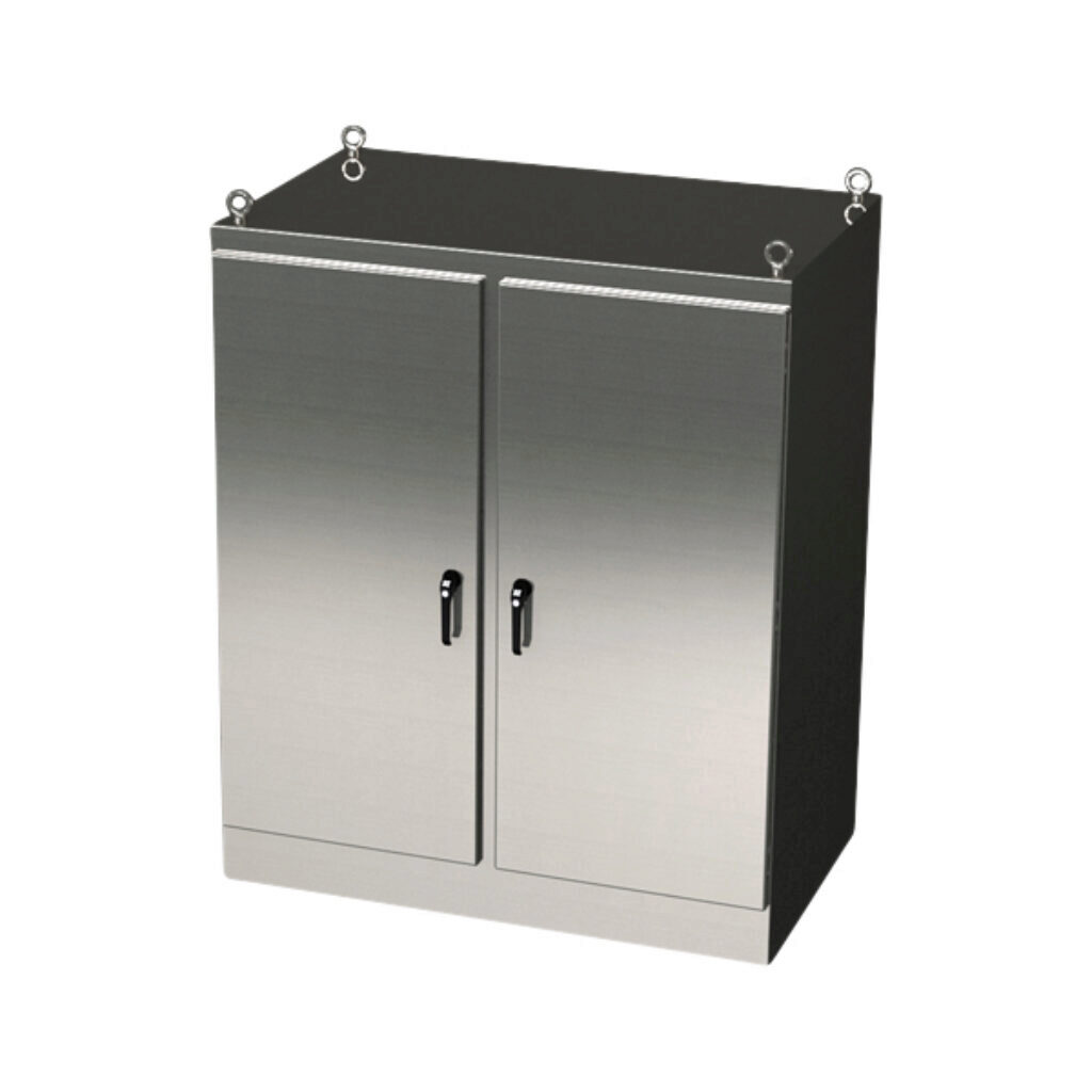 SCE-60EL4818SSFSD - Saginaw Enviroline series enclosure, NEMA 3R/4/4X/12/13, 60 x 48 x 18in (HxWxD), freestanding, 304 stainless steel, #4 brush finish, 2-door, 3-point keylocking/padlocking combo handle.